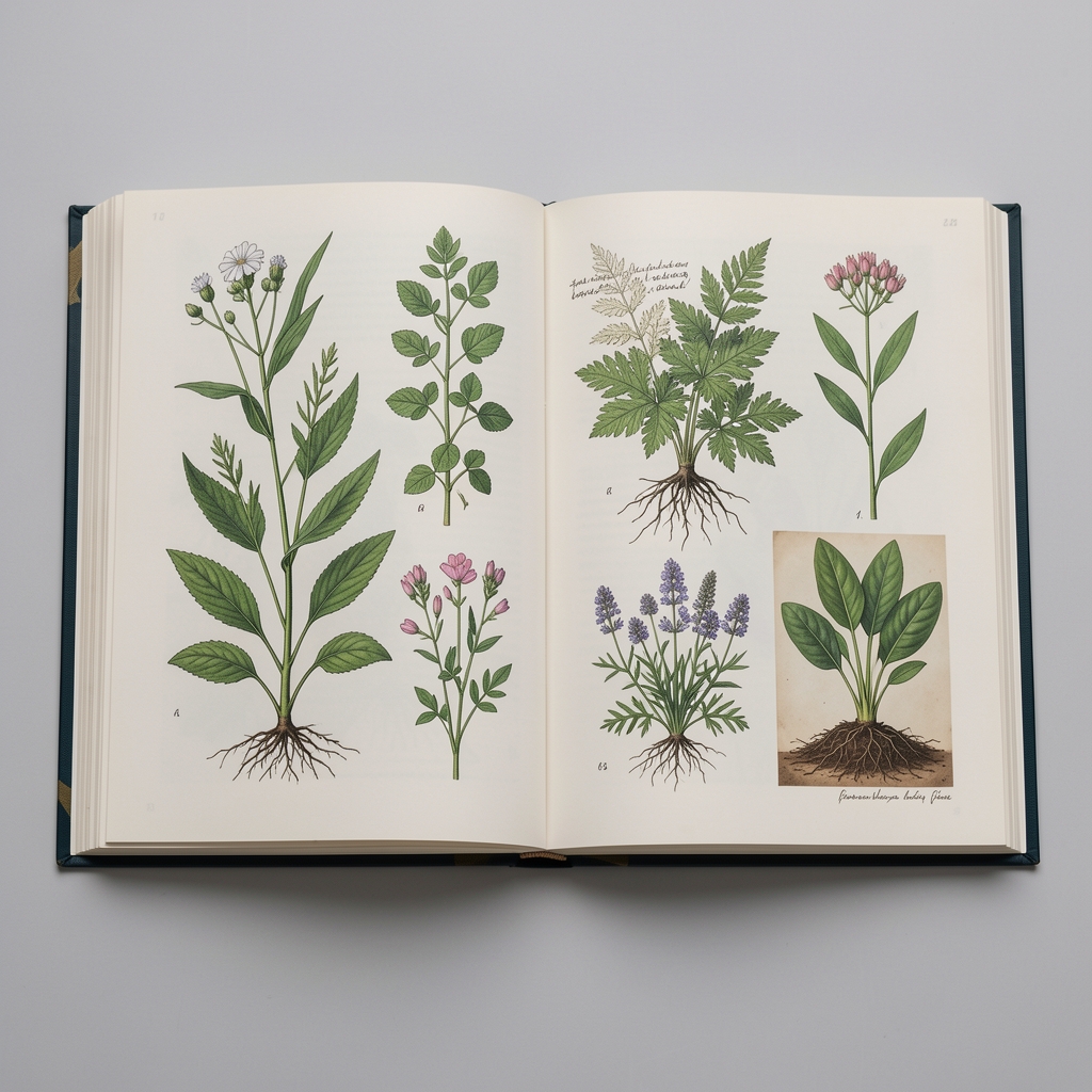 Stare ilustrovane naučne knjige otvorene na stranicama sa crtežima bilja i botaničkim beleškama, neutralna arhivska fotografija