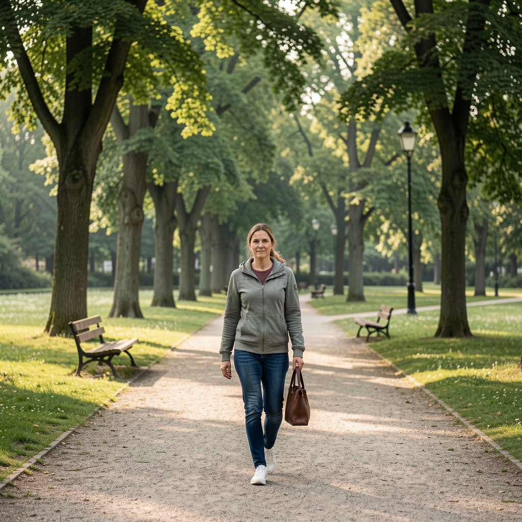 Žena koja pije jutarnji čaj pored prozora sa pogledom na grad, mirna jutarnja scena, prirodno svetlo, svakodnevna rutina