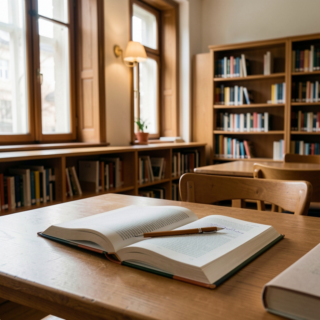 Otvorena knjiga sa beleškama i olovkom na stolu u tihoj čitaonici sa prirodnim osvetljenjem, mirna studijska atmosfera
