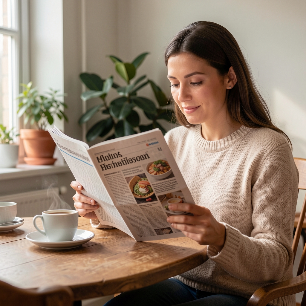 Osoba koja čita novinski članak o ishrani uz kafu u mirnom ambijentu, fotografija u prirodnom svetlu