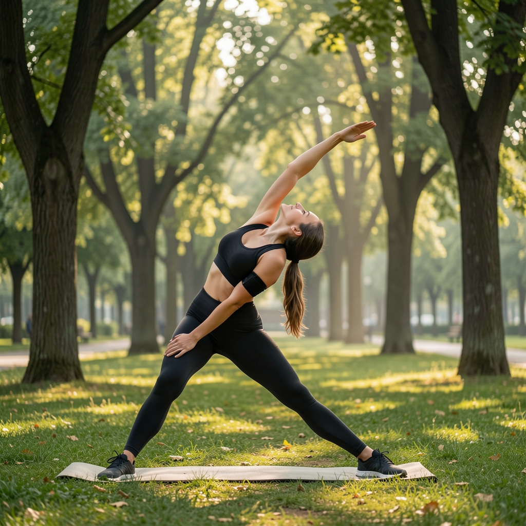Žena koja se istеže u parku okruženom drvećem ujutru, rekreativna fizička aktivnost, mirna atmosfera bez fitnes opreme