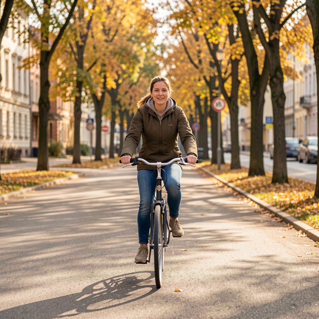 Žena koja vozi bicikl po gradskom putu u prolećnom ambijentu, umeren tempo, svakodnevna rekreacija